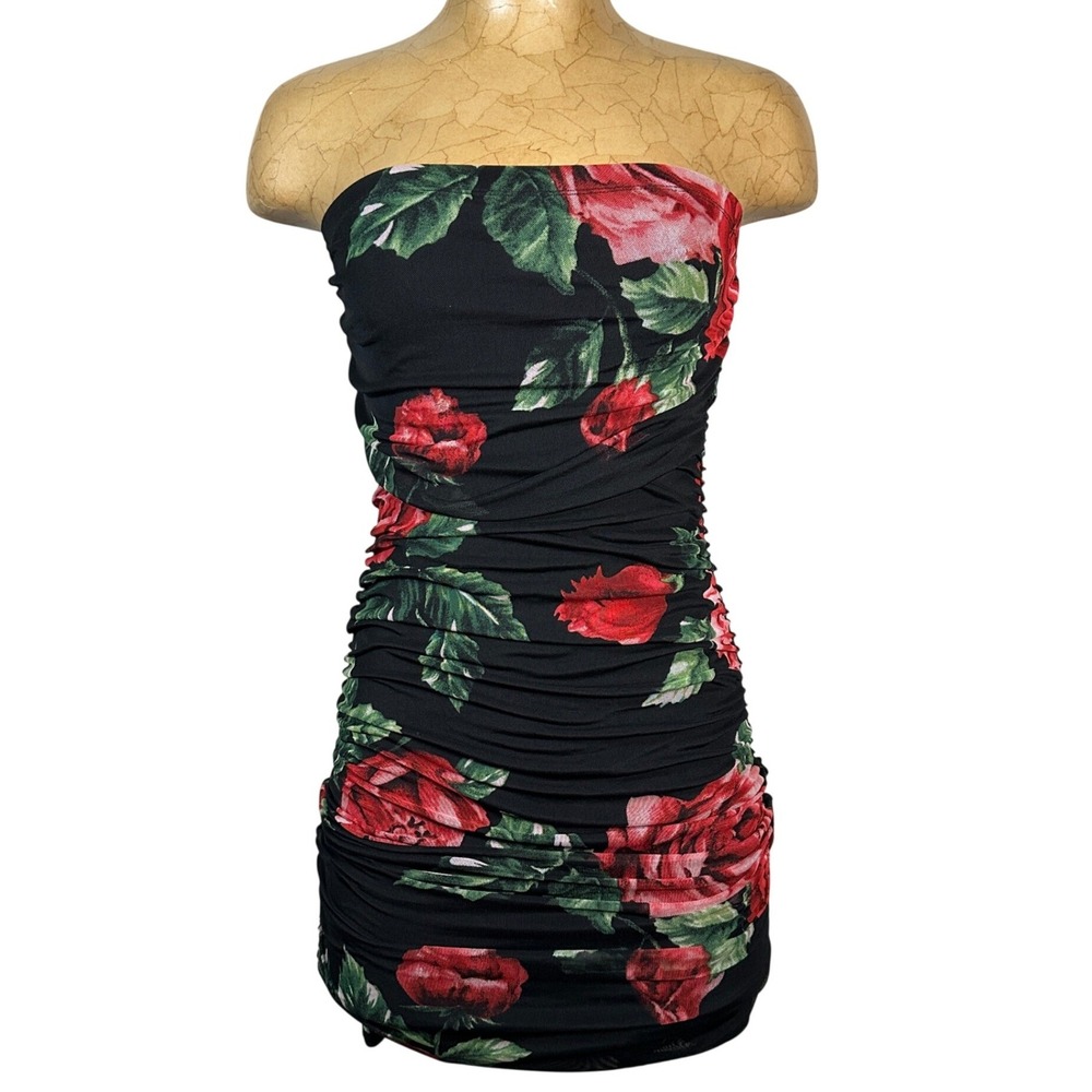 Small Black Red Rose Floral Ruched Strapless Bodycon Tube Dress Mini Romantic